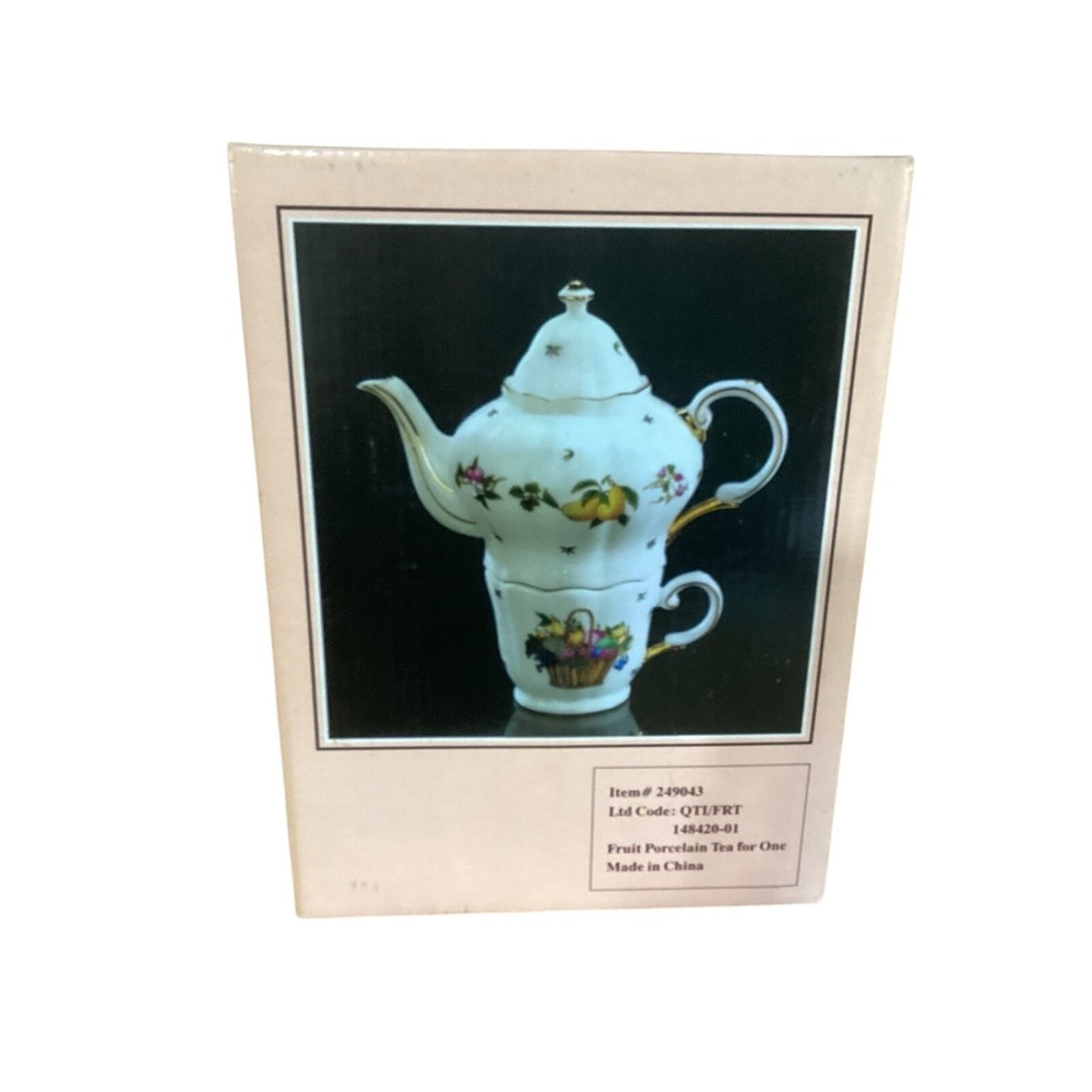 Porcelain Stacking Teapot & Cup Fruit Pattern Fine China - New In‎ Box 3-Piece